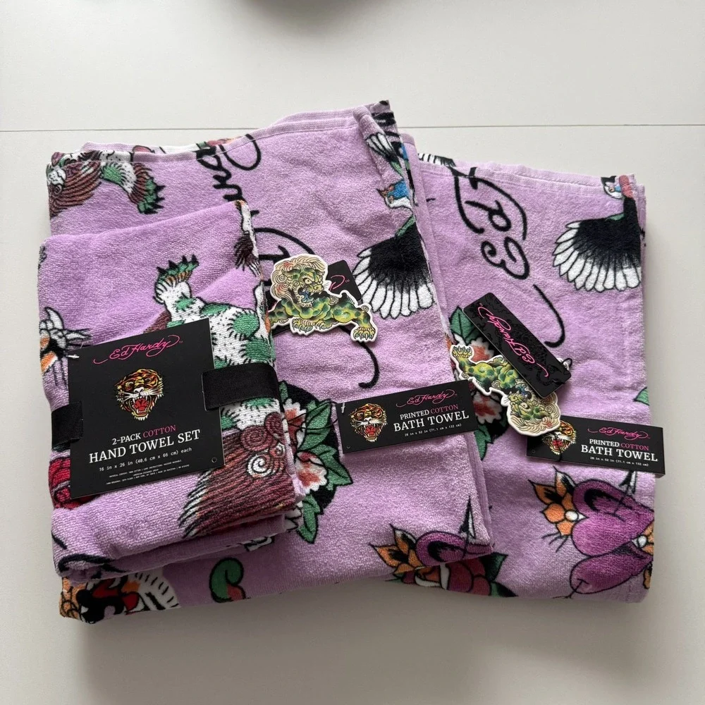 Ed Hardy Purple Bath Towel 4 Piece Set, 100% Cotton 2 Bath Towels 2Hand Towels